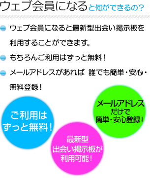 ウェブ会員になると何ができるの？　ウェブ会員になると最新型出会い掲示板を利用することができます。もちろんご利用はずっと無料！メールアドレスがあれば 誰でも簡単・安心・無料登録！